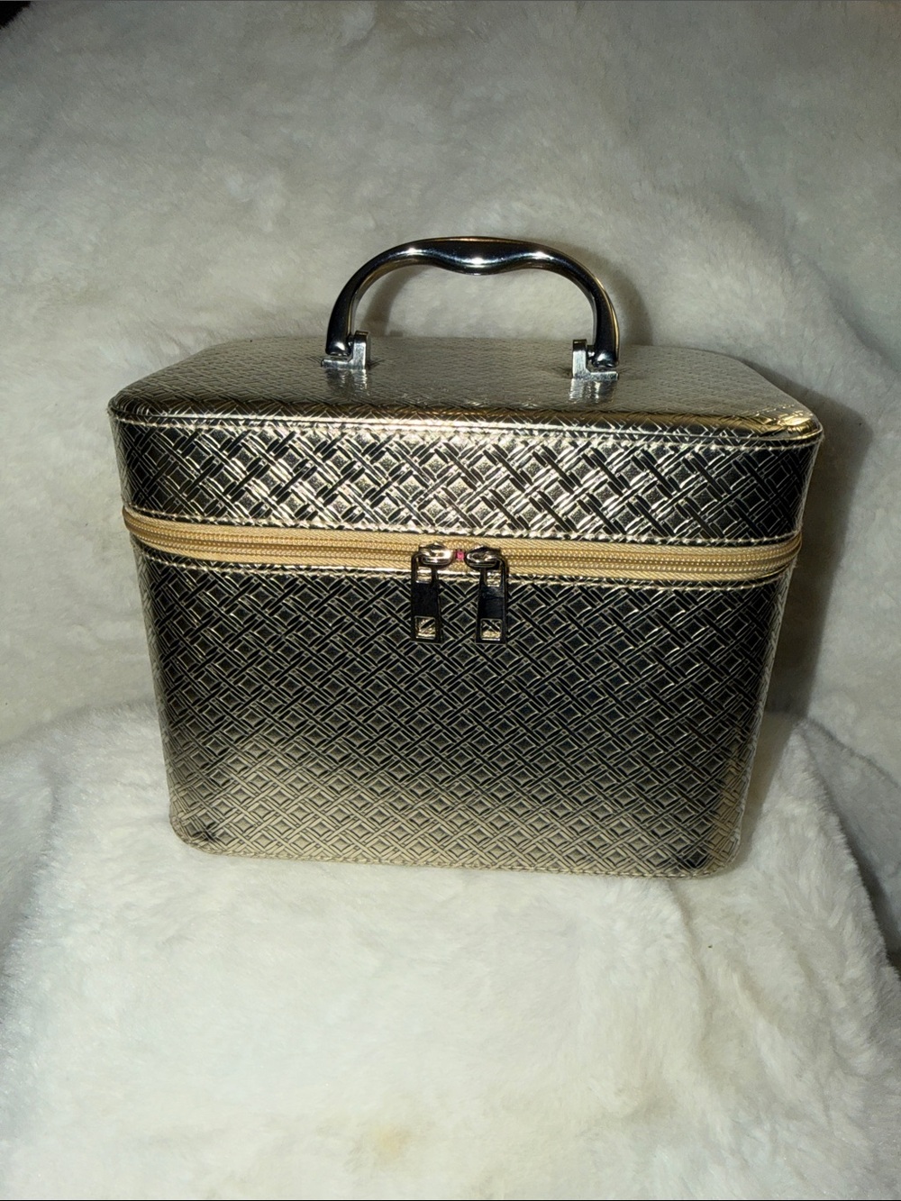 Caboodles Metallic champagne Gold Patterned Train Case with Gold Zipper